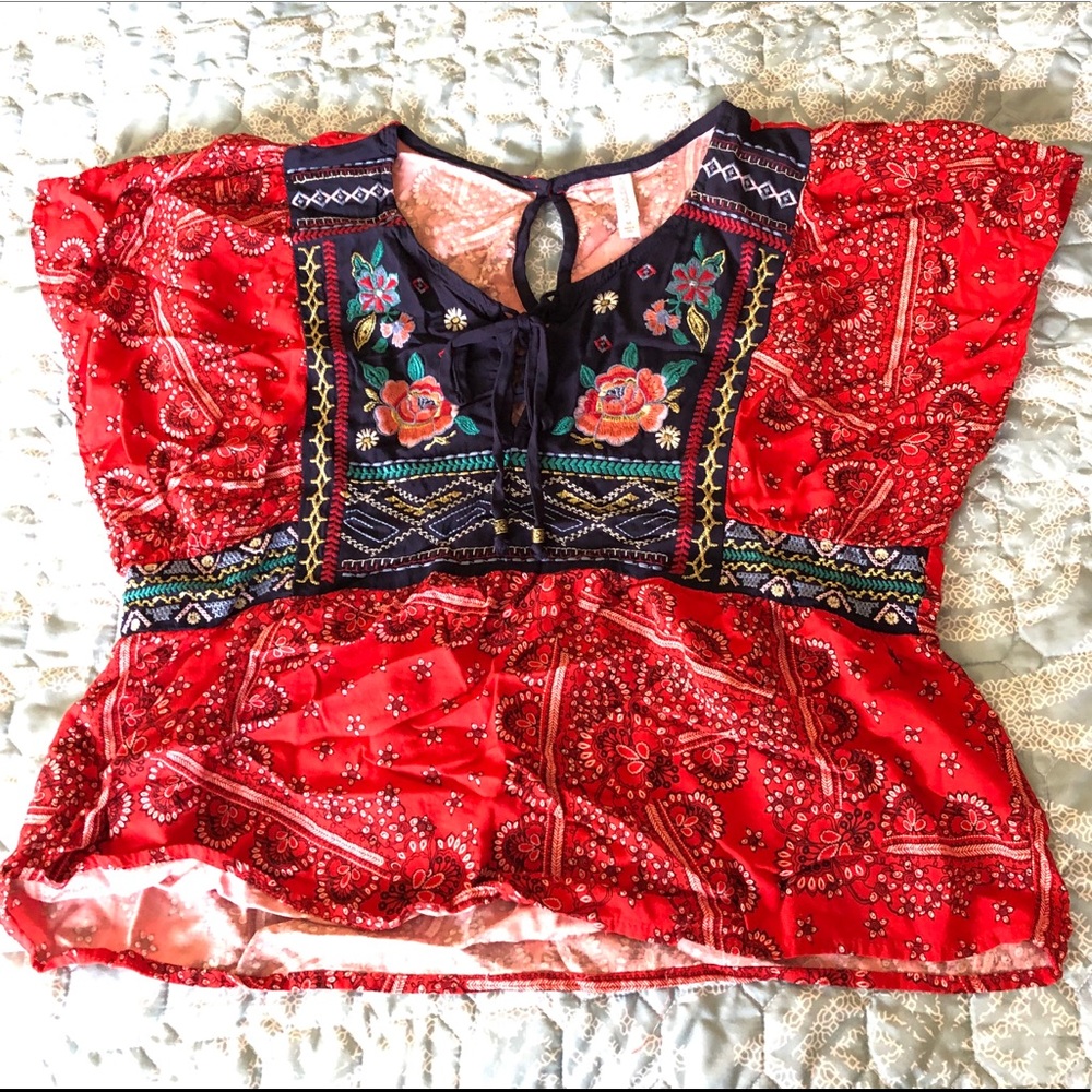 Kerchief style top with embroidered yoke